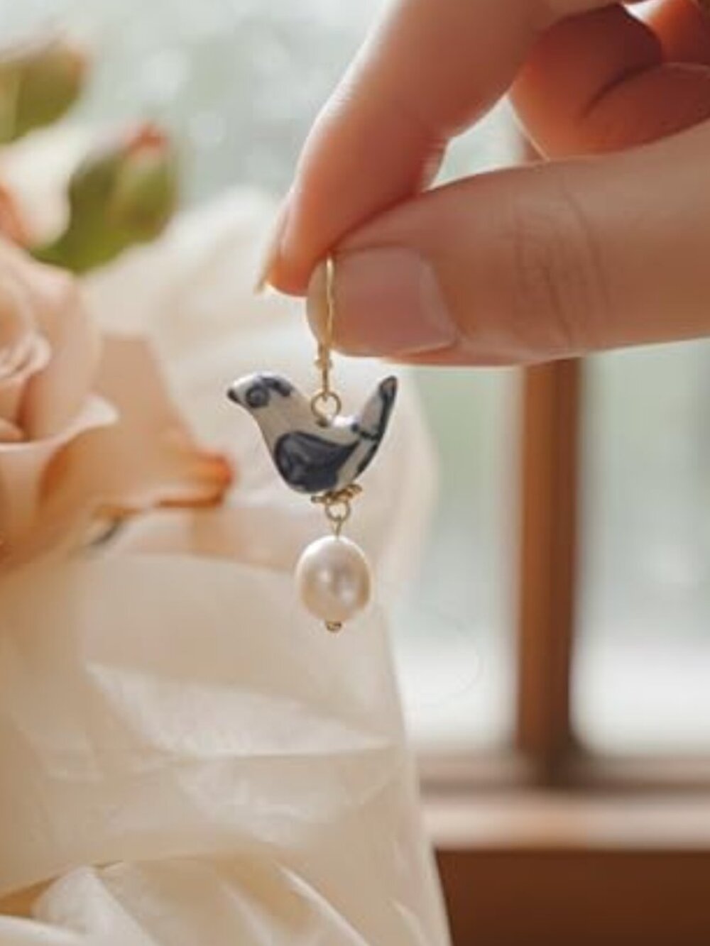 Blue & White Porcelain Bird‎ Dangle Earrings